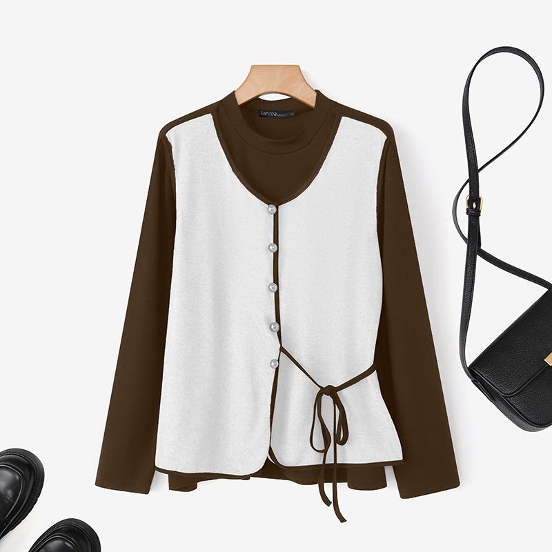 ZANZEA Women Casual Round Neck Loose Splice Long Sleeve T-Shirts M белый