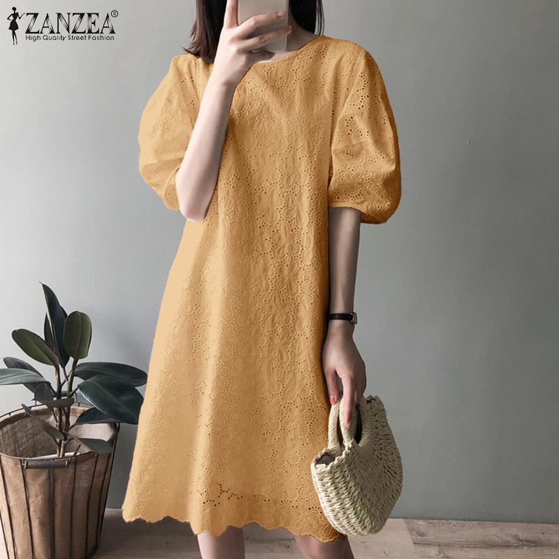 ZANZEA Women Elegant Puff Sleeve Front Lace Crochet Patchwork Casual Tunic Dress