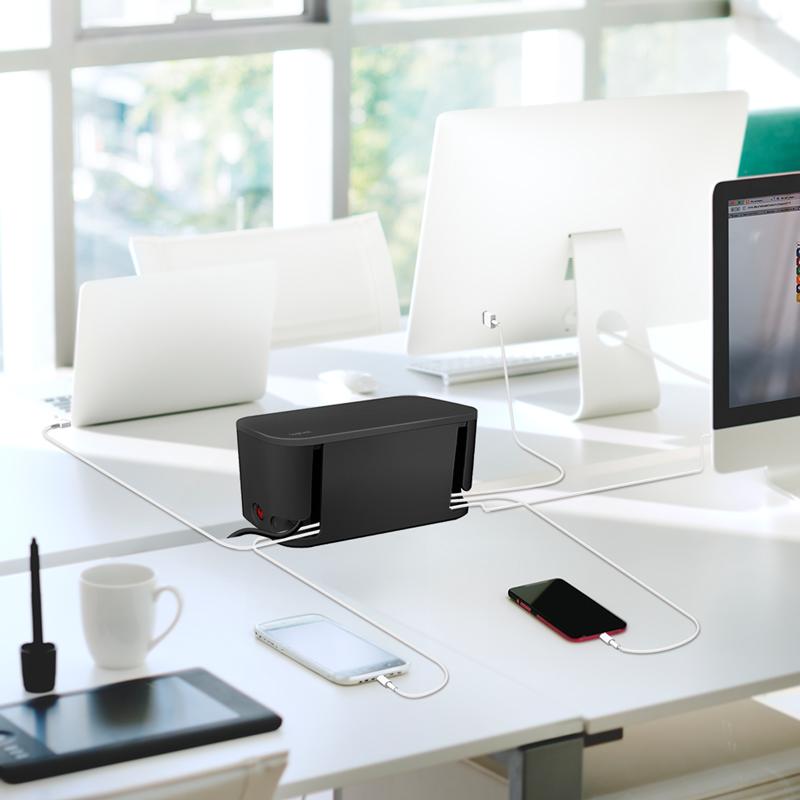 Cable Box with 5-Way Power Strip, 3x USB, 285x145x13 mm, Black