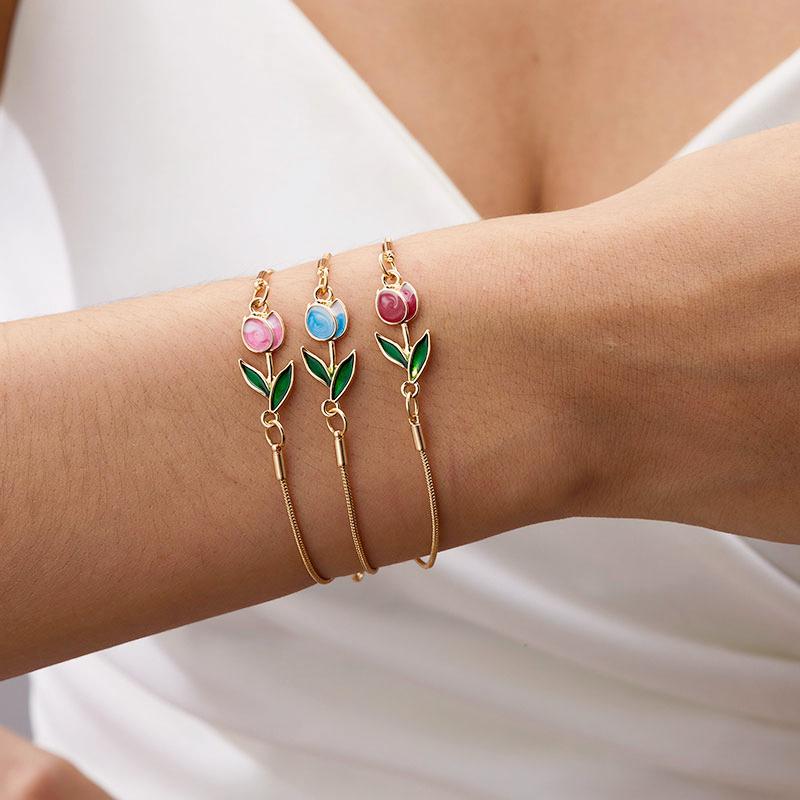 Neues Mode Elegantes Tulpen Rosen Armband Für Frauen Vintage Buntes Blume Gold Farbe Metall Kette Armbänder Ästhetischer Schmuck