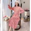 Autumn Sweater Dresses for Women Winter Splicing Pullover Bandage Slim Knitting Dress Sweet Corduroy Floral Print Dress