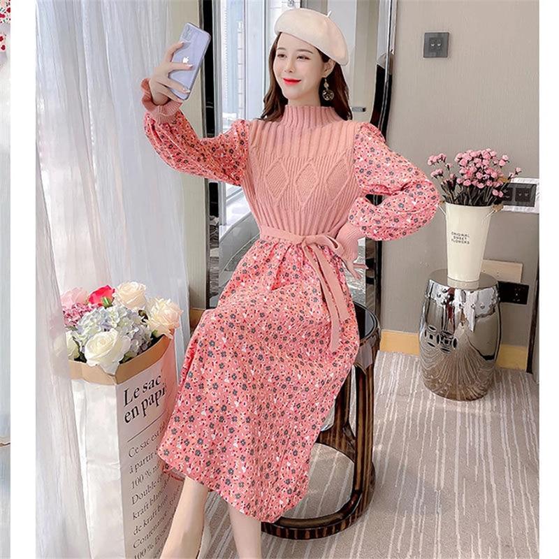 Autumn Sweater Dresses for Women Winter Splicing Pullover Bandage Slim Knitting Dress Sweet Corduroy Floral Print Dress