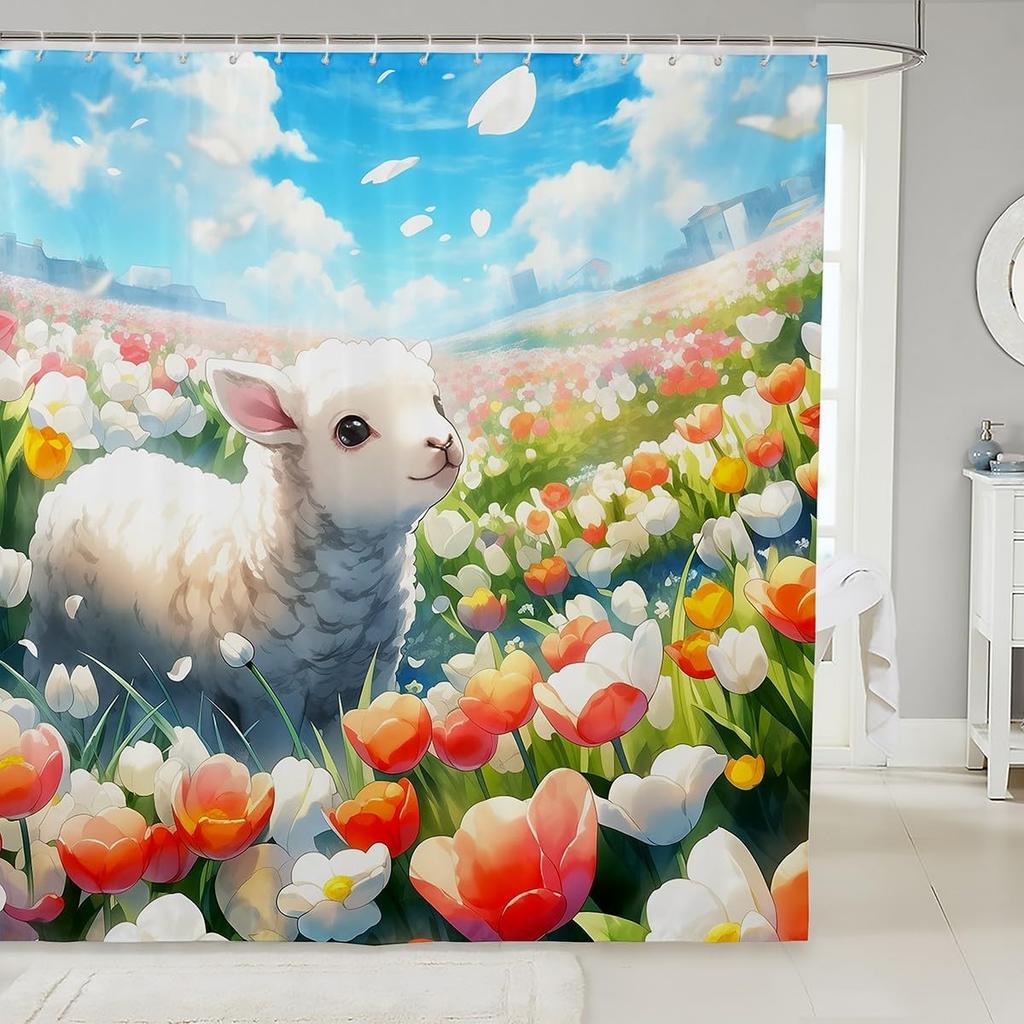 Cartoon Sheep Bath Curtain Cute Farm Animal Shower for Kids Boys Girls,Pink White Flower Floral Bathroom Curtain Botanical