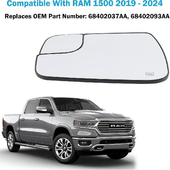 Ram 1500 Linke Fahrerseite Beheiztes Konvexspiegelglas Ersatz für RAM 1500 2019-2024 Äußeres Seitenkonvexspiegelglas Ohne BSD Ohne