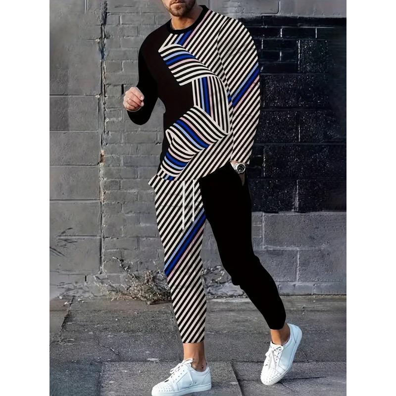 

Мужской повседневный костюм-двойка с геометрическим принтом - стильная футболка с круглым вырезом, дышащие удобные брюки на шнурке 4XL