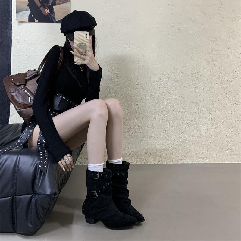 Autumn Winter Belt Buckle Women Western Ankle Boots Elegant Pointed Toe Thick Heel Shoes Female Vintage Knight Short Booties