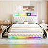 Modern White Black Velvet Fabric Bed with Side Charging Station Bluetooth Speaker Built in Nightlight and Rolling Drawers