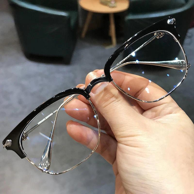 Prescription Glasses Half-frame Silver Black Anti Blue Light Myopia Glasses Trendy Vintage Nearsighted Glasses