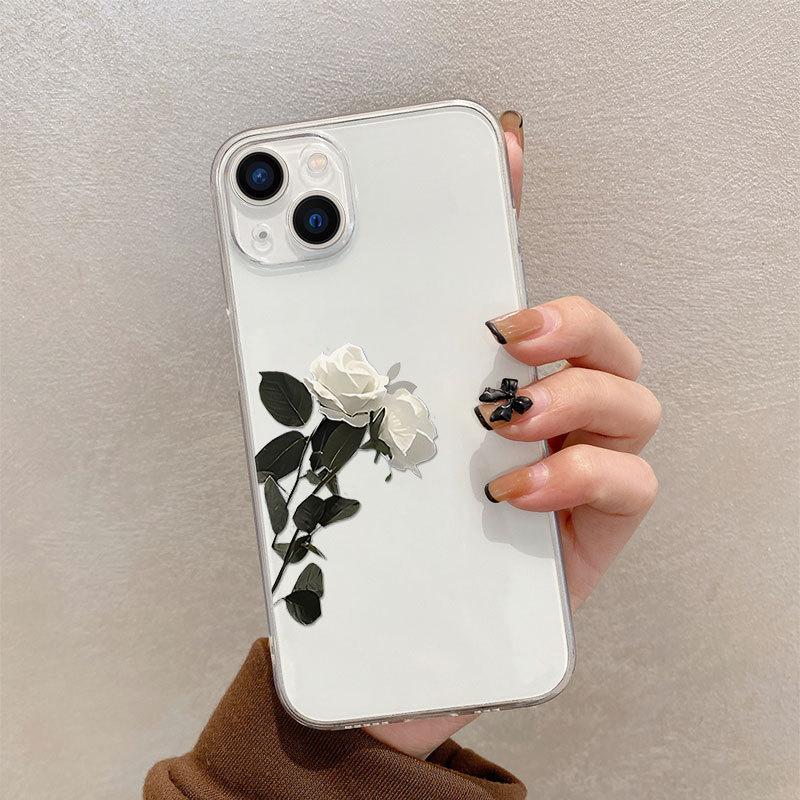 Simple white rose tpu transparent anti-drop case Apple 14promax mobile phone case iPhone17