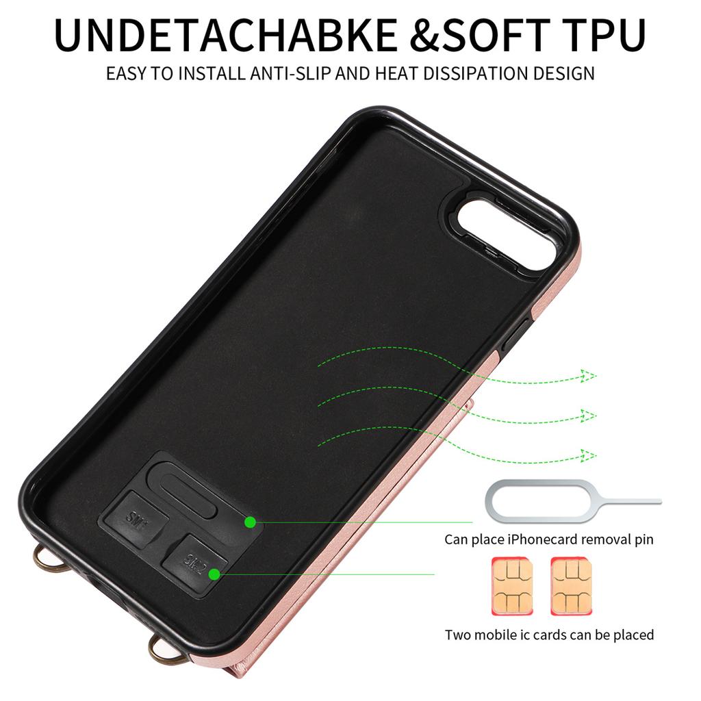 Per iPhone 6/6s/6Plus/7/8,7Plus/8Plus,iPhone SE (2020/2022) Tracolla Corda Anello Staffa Design Porta Carte Slot Copertura con Texture Litchi Custodia per Telefono