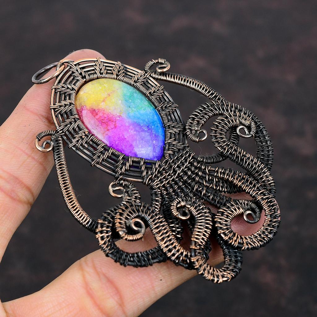 Rainbow Solar Quartz Druzy Pendant Copper Wire Wrapped Pendant Handmade Copper Jewelry Amazing Octopus Pendant Gemstone Jewelry Gift For Mom