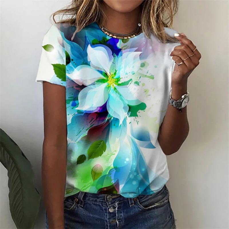 Summer Floral Leaf Gradient 3D Print T-shirts Women Streetwear Casual Fashion Y2k Short Sleeve T Shirt O-neck Tees Tops Clothing
