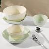 Simple Solid Color Dishware Set: Milk White & Green, Includes Rice Bowls, Plates, Serving Plates & Soup Bowls, for 4-10 People Dining.