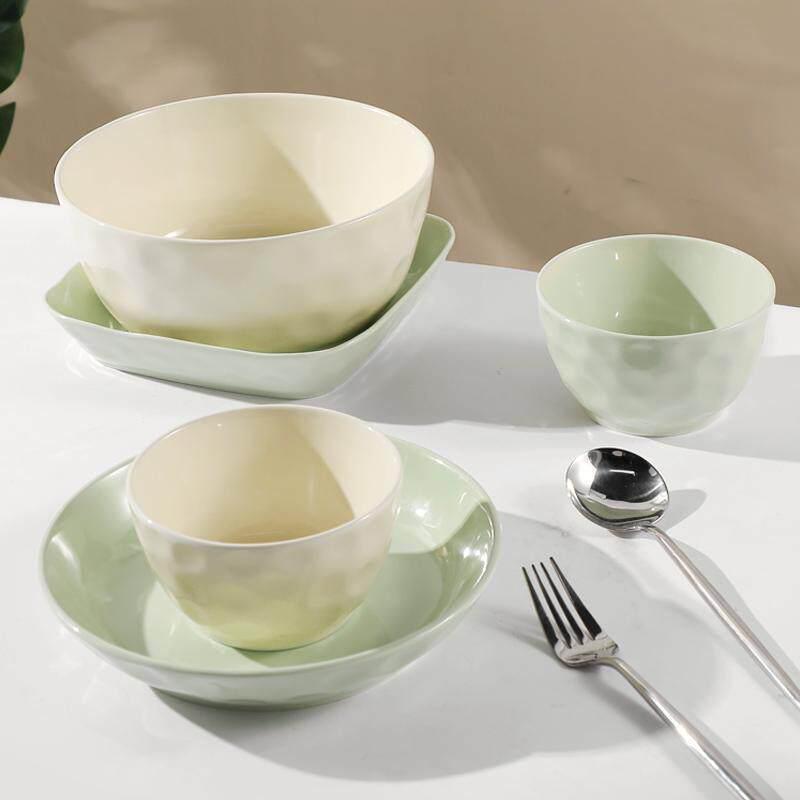 Simple Solid Color Dishware Set: Milk White & Green, Includes Rice Bowls, Plates, Serving Plates & Soup Bowls, for 4-10 People Dining.