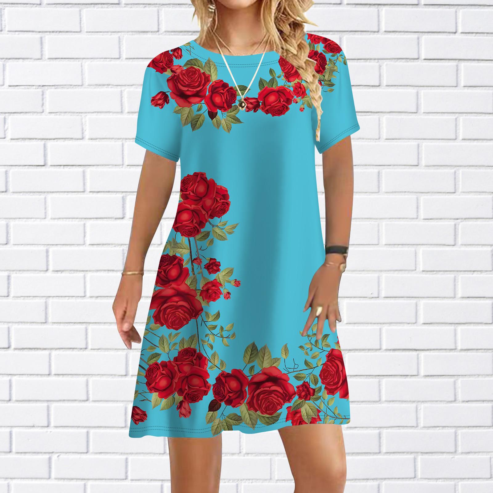 

Женское повседневное платье Летние платья с принтом оранжевых роз для женщин Платье с коротким рукавом и круглым вырезом размера плюс M синий