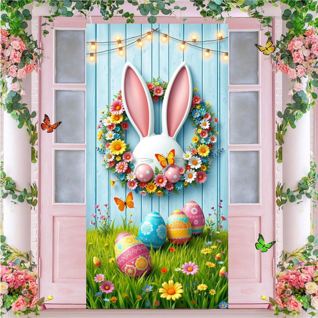 Happy Easter Door Cover Funny Bunny Lining for Doors Easter Spring Colorful Eggs Rabbit Flower Backdrop Home Door Decoration New
