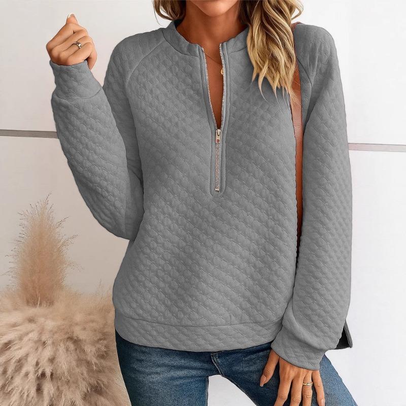 

2025 Новинка Женский Повседневный Сращенный Воротник-стойка Длинный рукав Пуловер Молния Мода Однотонный Свободный Универсальный Топ S серый