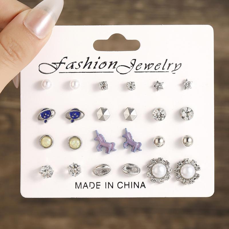 9/12Pairs Assorted Stud Earring Set With Pearl Rhinestone Design For Daily Wear Party Gifts For Women Girls