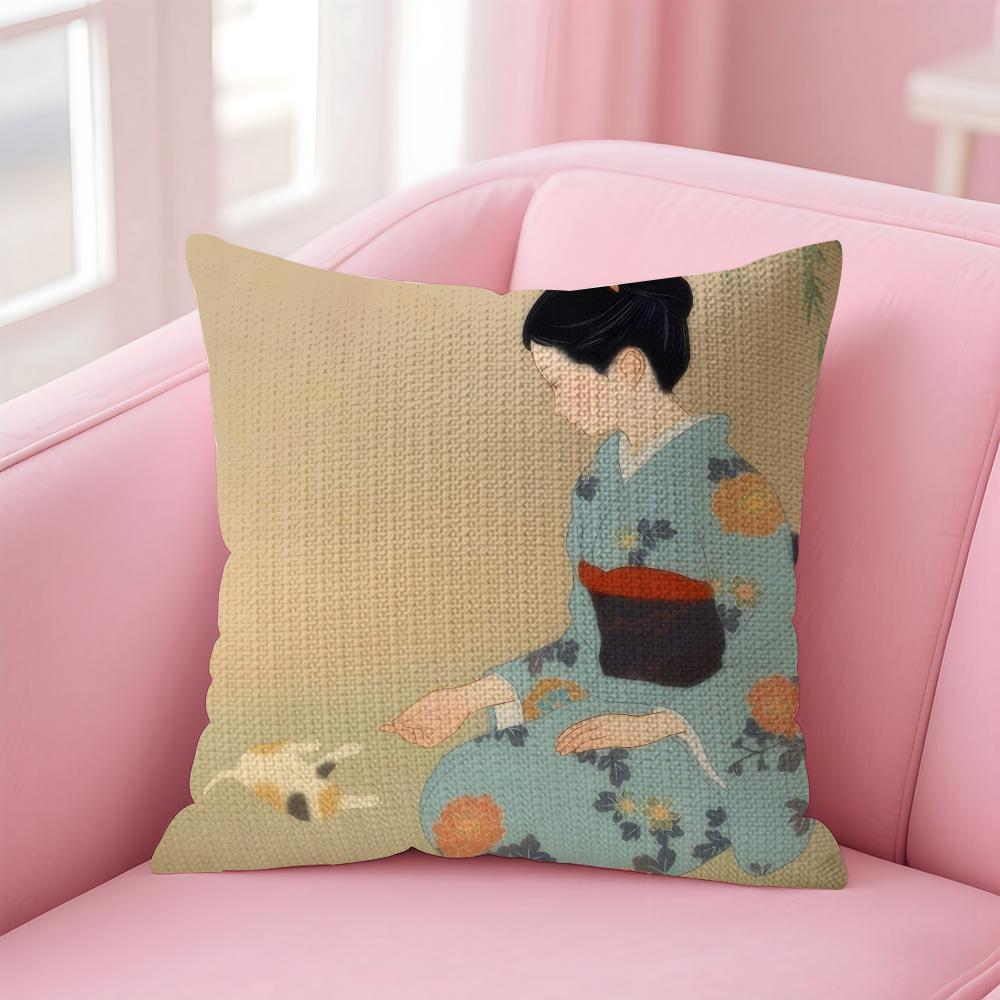 Kimono Girl Japanese Style Cushion Cover Natural Linen Pillow Case DoubleSided Print Decorative Sofa Pillowcase Home Decor Gift