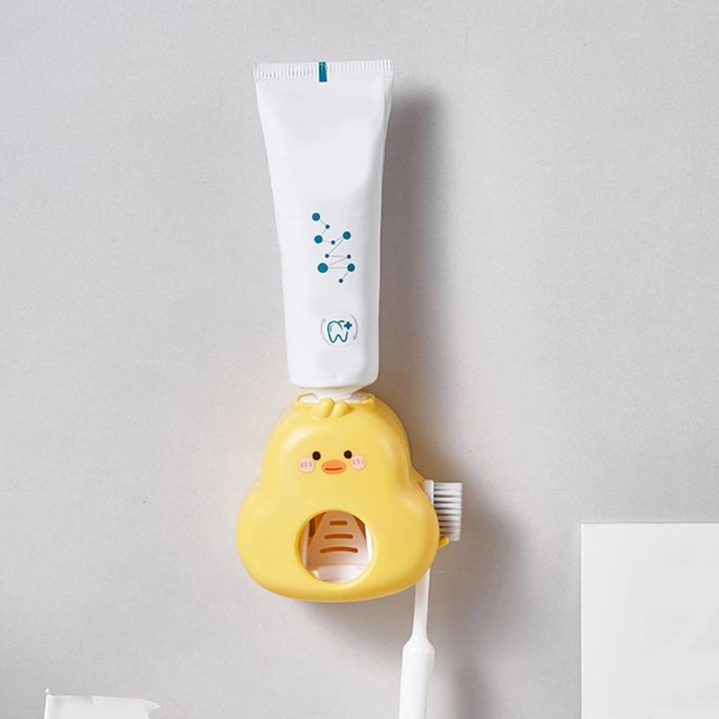 Cute Duck Design Toothpaste Squeezer Wall Mounted Space Saving Auto Dispenser Toothbrush Holder Rack For Home Bathroom