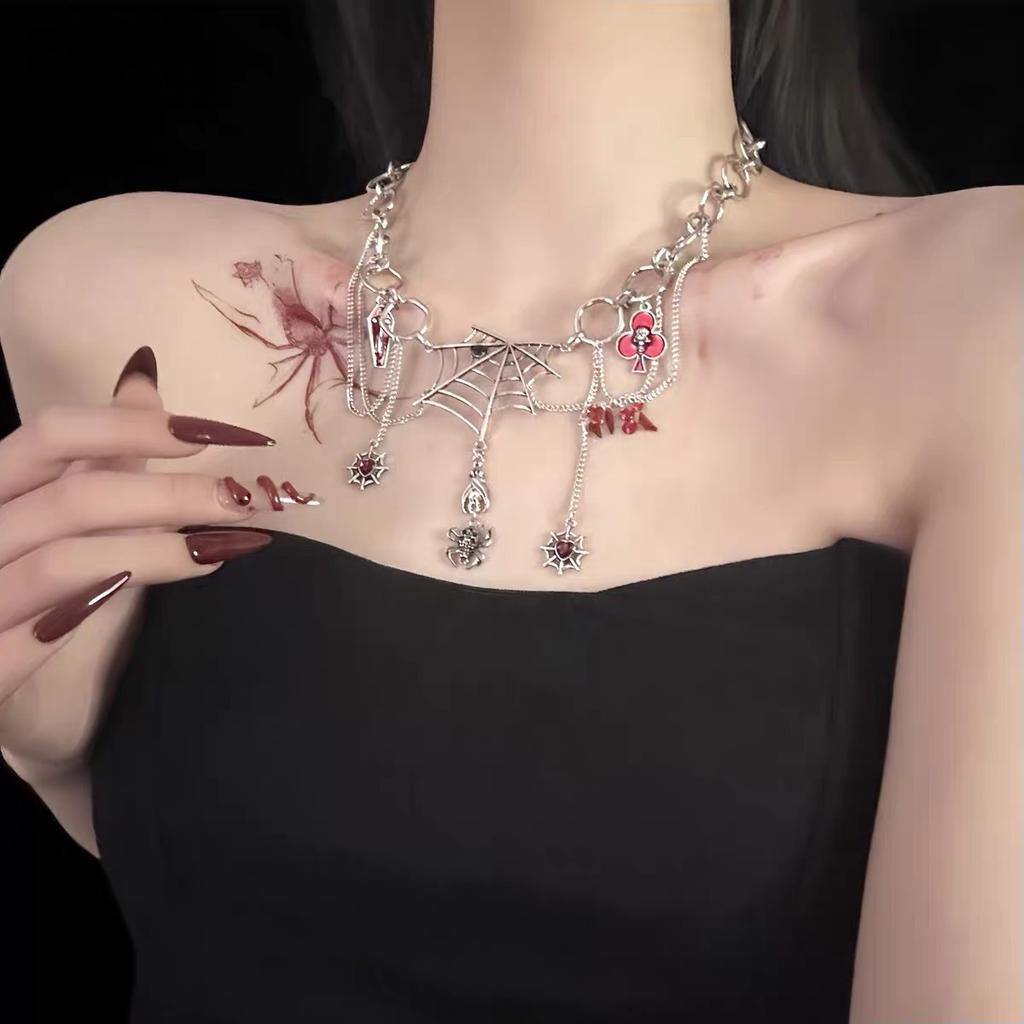 Vintage Gothic Silver Spider Web Tassel Clavicle Chain, Castle Witch Style cos Halloween party accessories for women