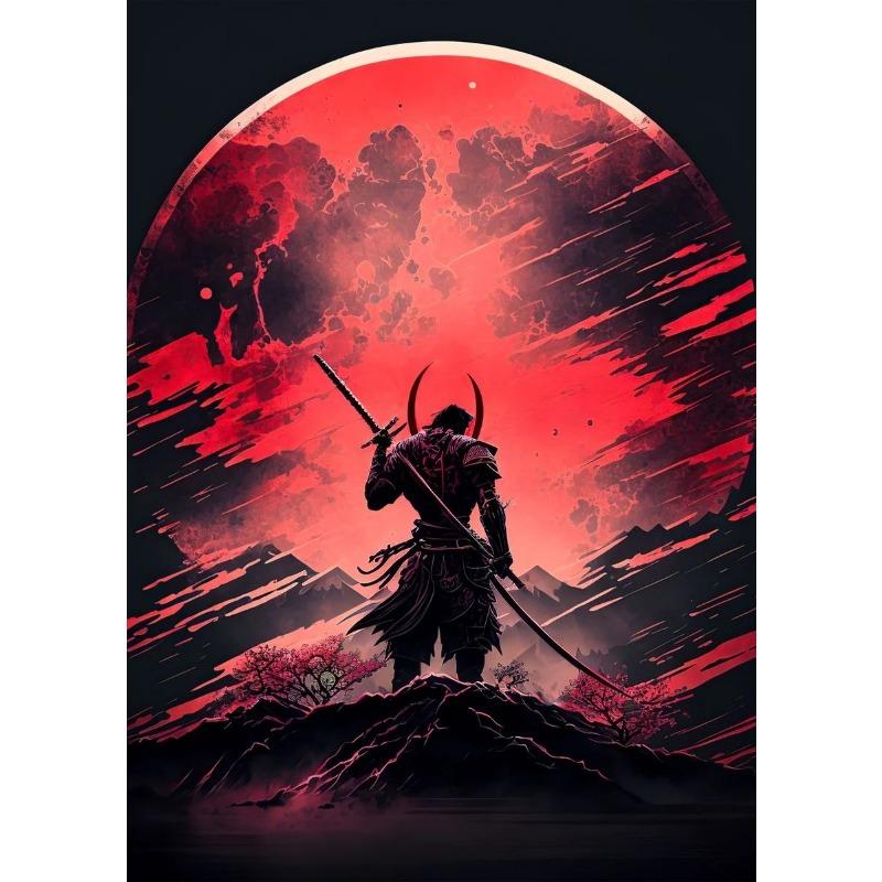Poster Samurai Japonia Estetic Colorat Anime Dragon Soare Roșu cu Samurai Negru Pictură pe Pânză Artă de Perete Cameră Copii Decor Acasă