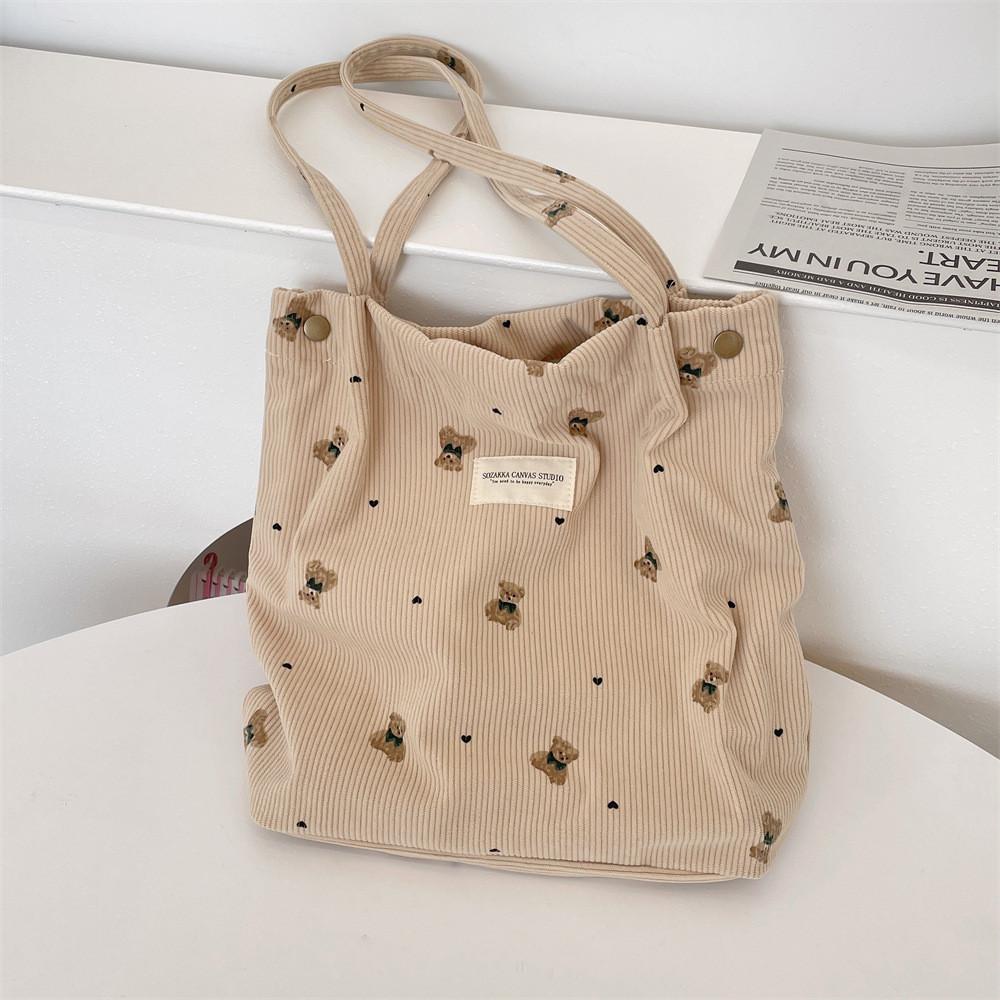 Adorable Corduroy Bear Print Canvas Tote Bag Spacious Soft Shoulder Bag For Students