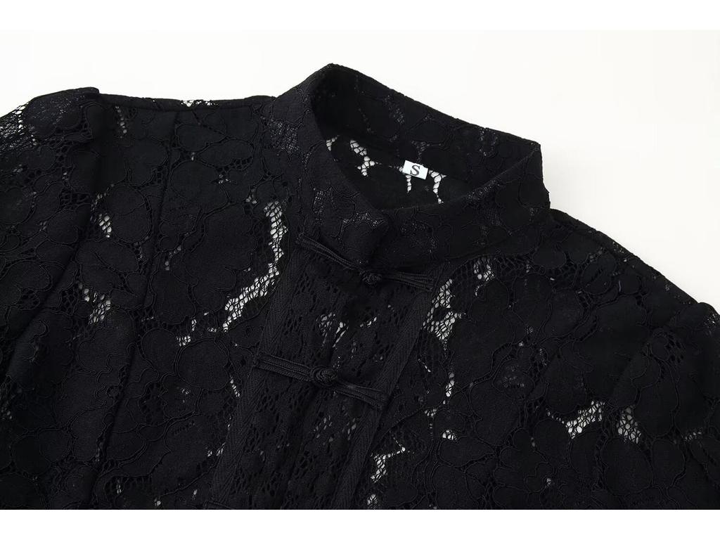 Women's French Chic Lace Crochet Button-Up Stand Collar Slim Fit Shirt Blouse