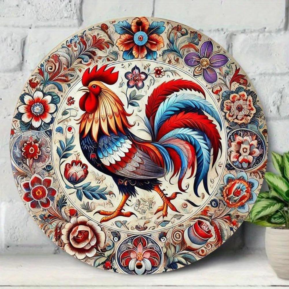 Mfoever Tin Sign Vintage Floral Rooster Metal Tin Sign Retro Colorful Folk Art Flower Pattern Round Wall Art Decor Vibrant Farm Chicken Tin Pai 20x20cm