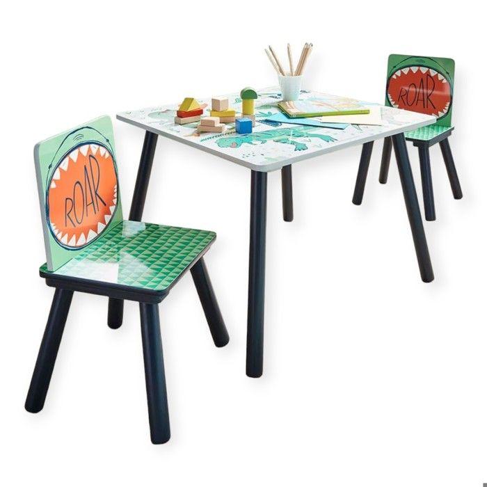 GINGER HOME Table Enfant avec 2 Chaises – Bois, Design DINOSAURE, Sécurité &amp; Apprentissage