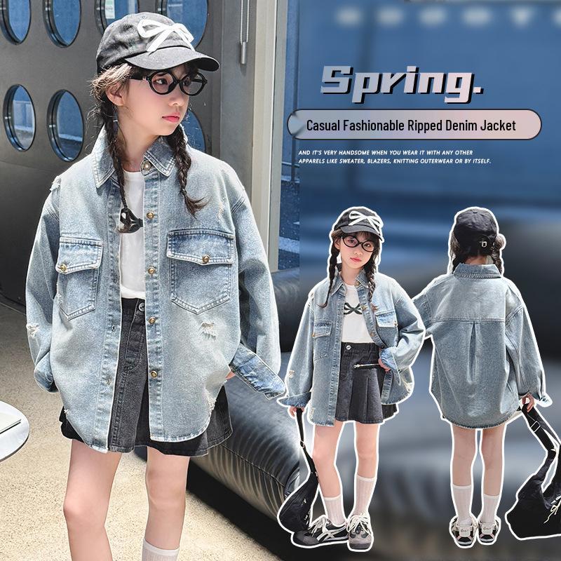 Big Girls' Fashion-Forward Distressed Denim Shirt Jacket - Spring/Autumn 2025