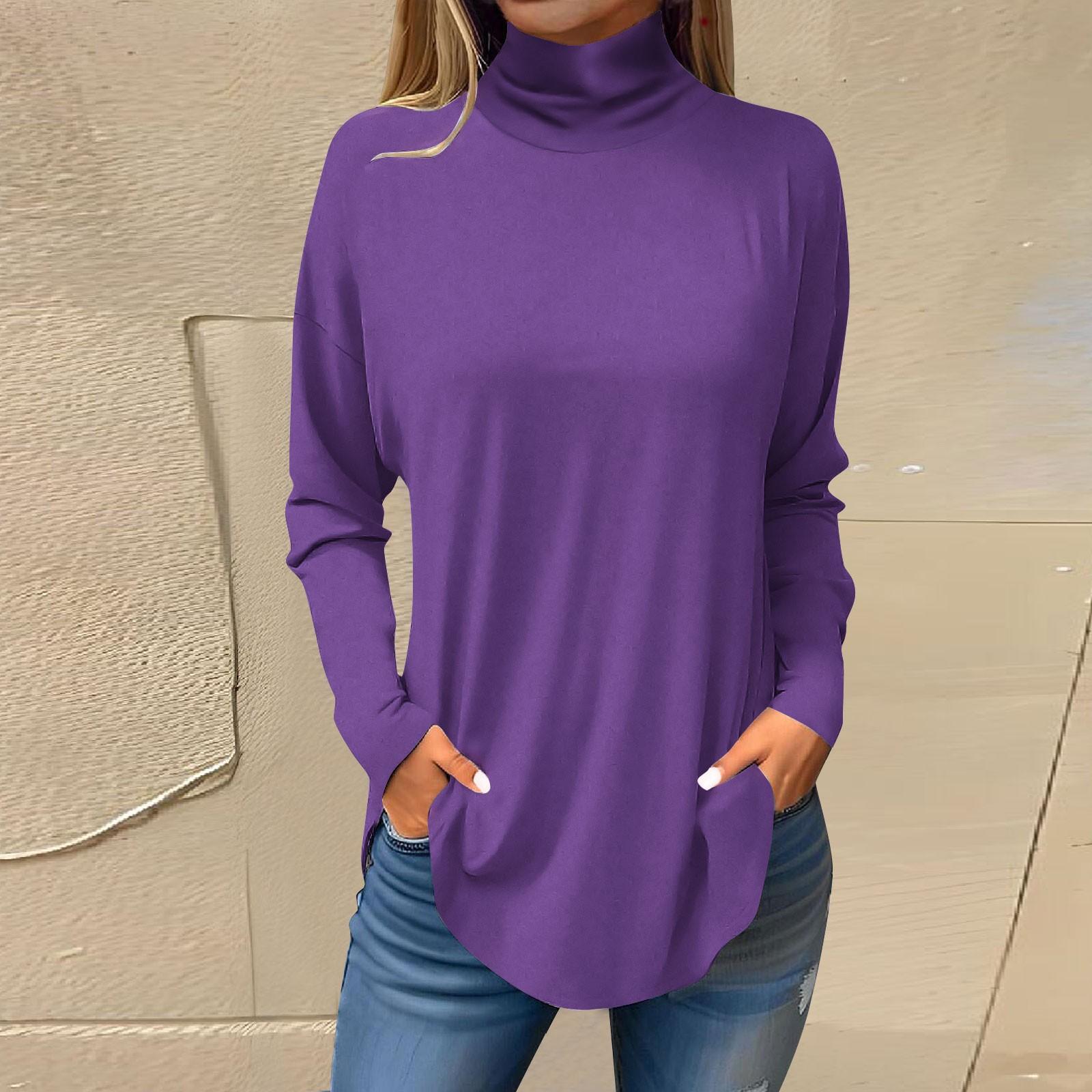

Футболки для женщин, осенние повседневные рубашки с длинными рукавами, толстовка, однотонный топ с высоким воротом, пуловер XXL фиолетовый