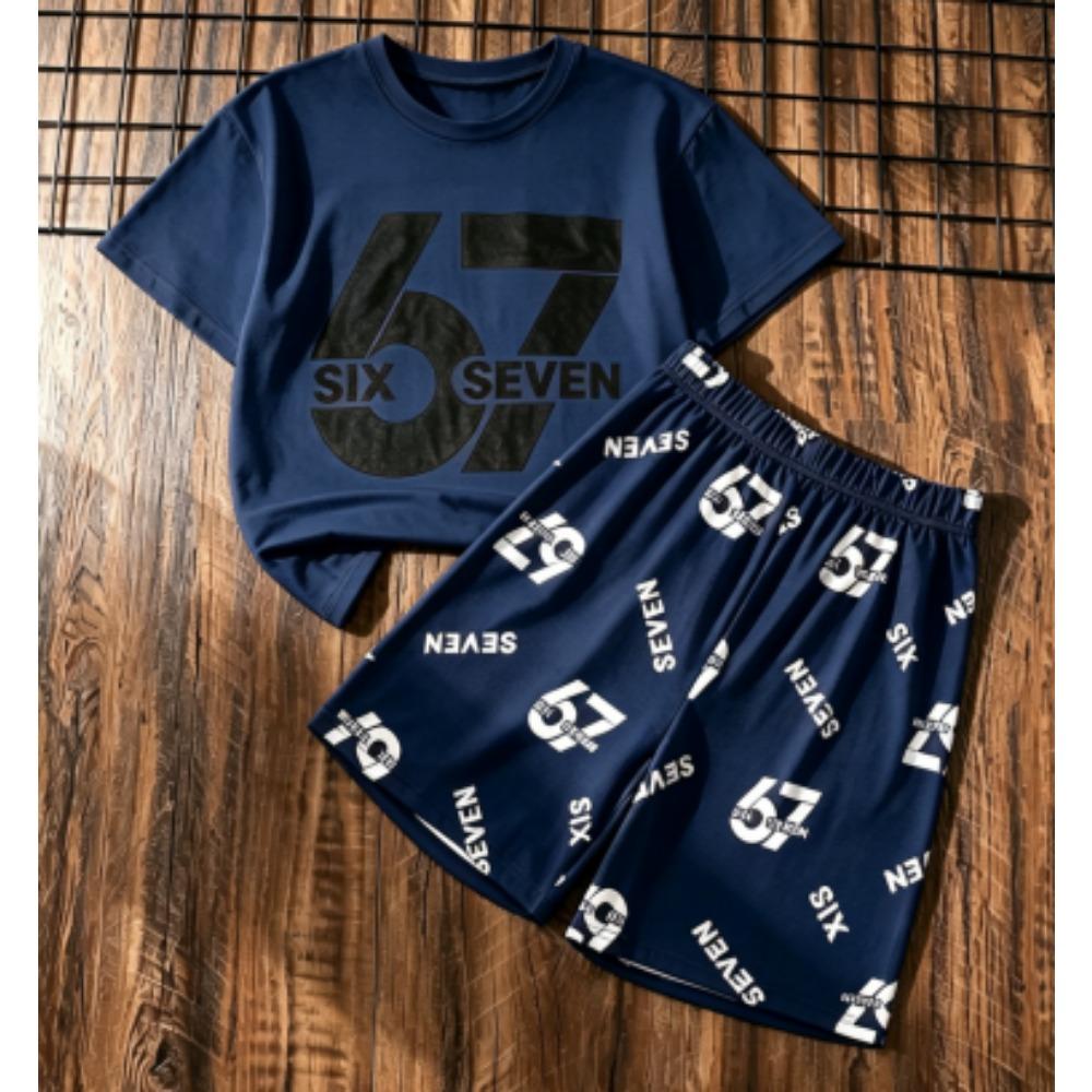 Herrset Six Seven 67 Tryckt Herr T-shirt och Shorts 2-delat Set Sommar Casual Utomhus Herr- och Dam-T-shirtset