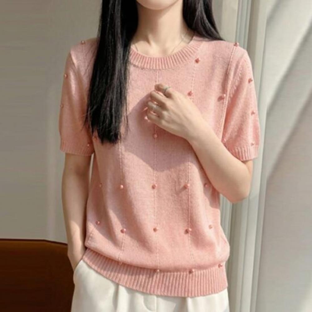 Navava Women Cool Pearl Point Round Neck Short Sleeve Knit Nk3719
