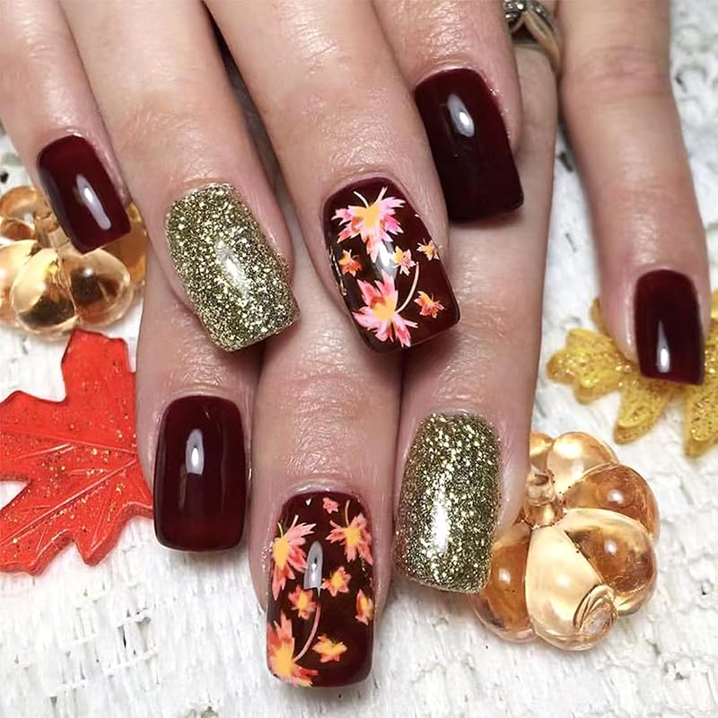 Fall Press On Nails Medium Square Fake Nails with Designs Maple Leaf Stick On Nail Thanksgiving Acrylic False Nail Bling Sequins Artificial Nail