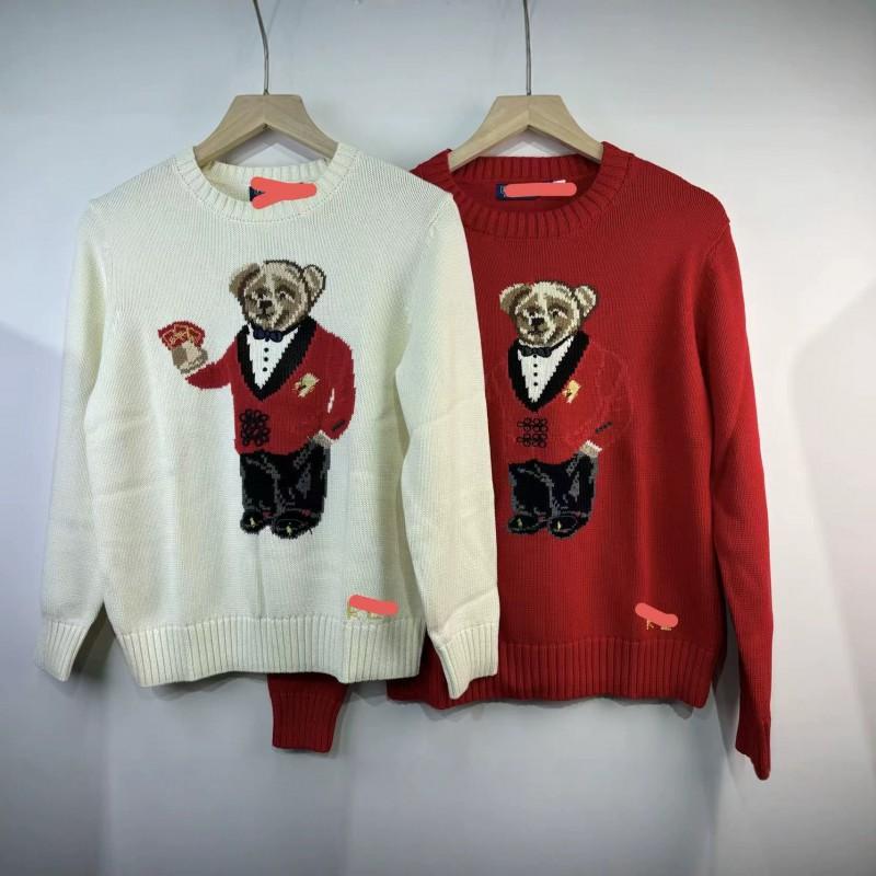 High Quality Cotton Knit Sweater Embroidered Bear Round Neck Loose Fit Long Sleeve Fall Winter Casual