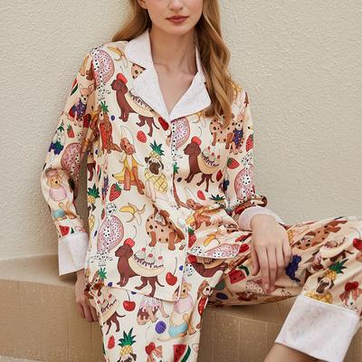 Conjunto de Pijama de Primavera para Mujer Tipo Seda Estampado Dachshund Postres Dos Piezas Manga Larga Pantalón Largo Ropa de Dormir