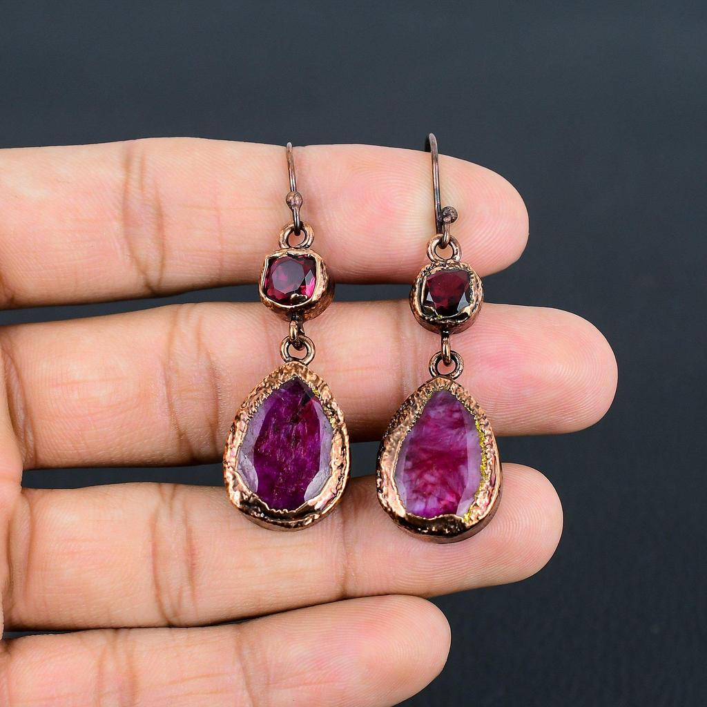 Ruby & Garnet Earrings Gemstone Jewelry, Copper Electroformed Handmade Earrings, Latest Design Jewelry