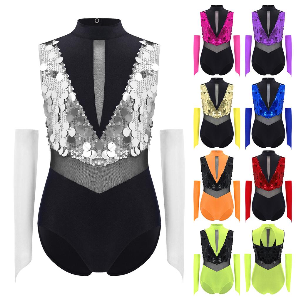 Kids Dance Leotard with Gloves Mock Neck Cutout Back Sparkling Sequins Color Block Performance Outfit