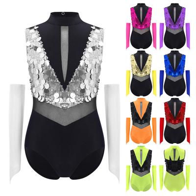 Costume da Ballo per Ragazze Leotard Collo Alto con Guanti Senza Maniche Schiena Scoperta Paillettes Scintillanti
