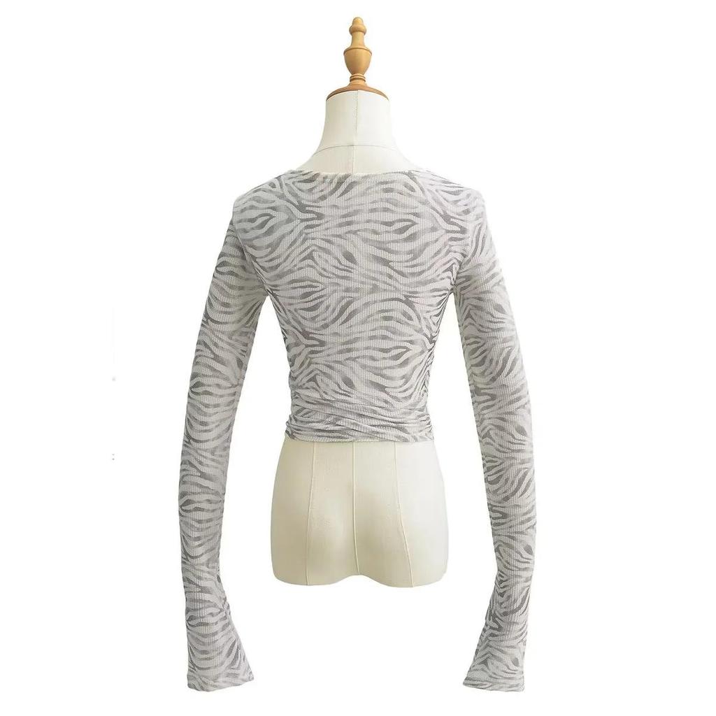 Women's Thin V-neck Cropped Top with Waist Tie & Bell Sleeves - Spring/Summer Long Sleeve Sun Protection