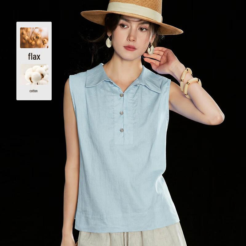 Relaxed Fit Linen Blend Sleeveless T-Shirt M светло-синий
