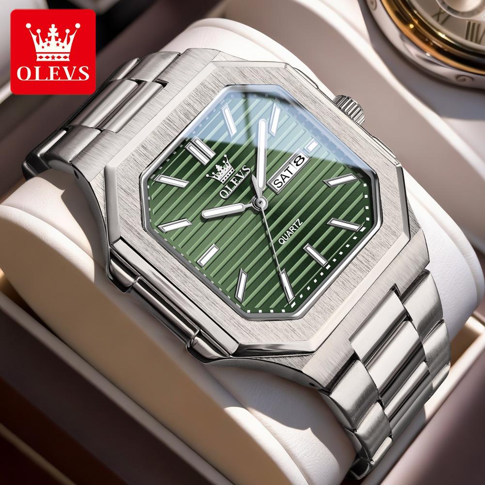 OLEVS 3731 Quartz Wristwatch for Men Stainless Steel Square Dial Fashion Simple Dual Calendar Luminous Waterproof Men's Watches