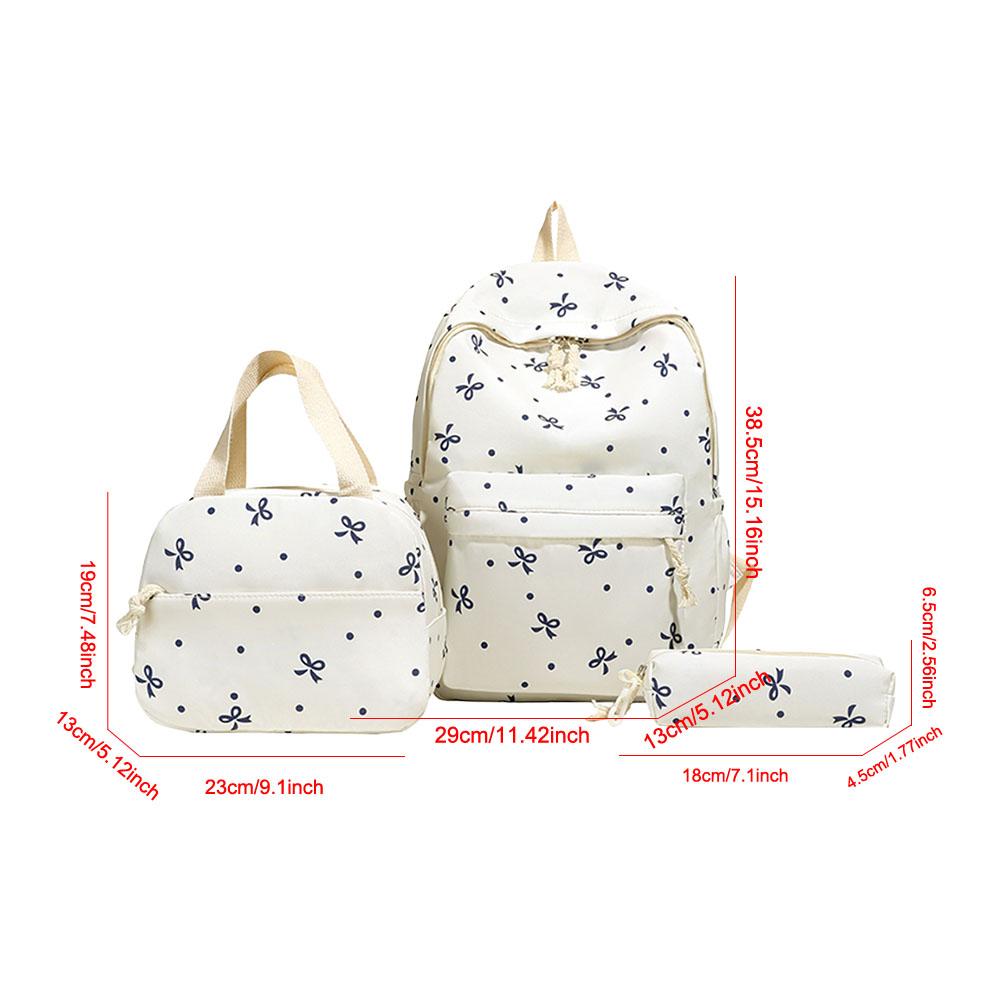 Korean Fashion Bow Print Women Backpack Simple Student Schoolbag Female Bag Set Three-Piece Backpack with Lunch Bag Pencil Case