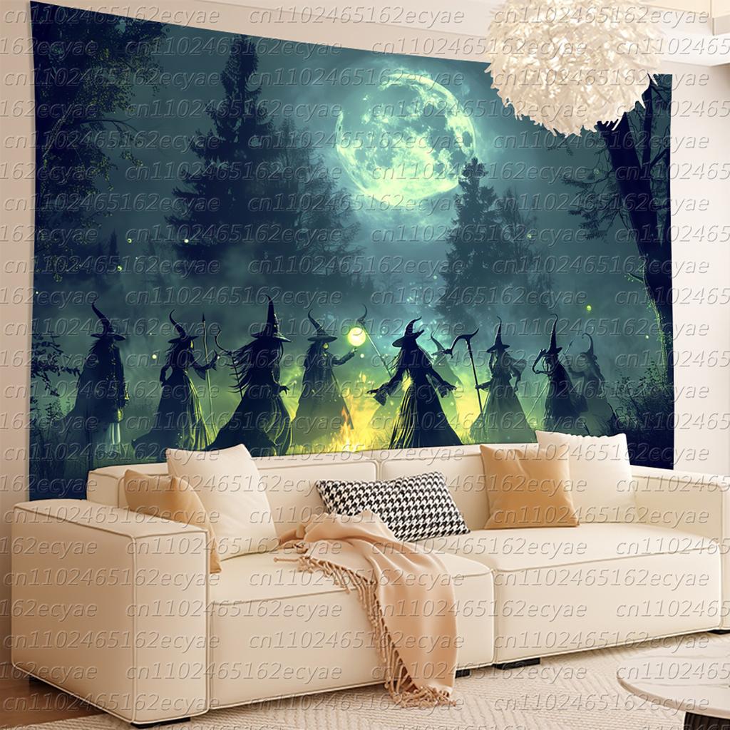 Dark Ceremony Pattern Full Moon Witches and Horned Figures Polyester Wall Tapestry 3D Home Decor for Living Room