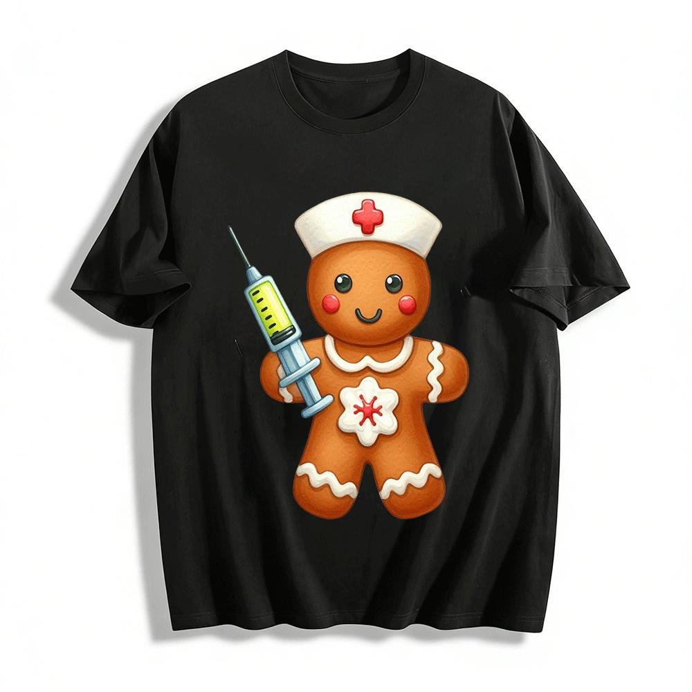 Gingerbread Nurse Print Casual Top For Holiday Season Pure cotton T-shirt XXS