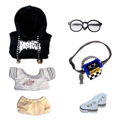 Niannyyhouse 10cm Plush Clothes Set: Dark Dawn (Hoodie, T-shirt, Shorts, Glasses, Backpack, Shoes, Dress-Up, Cotton Doll, Accessories) (Black)