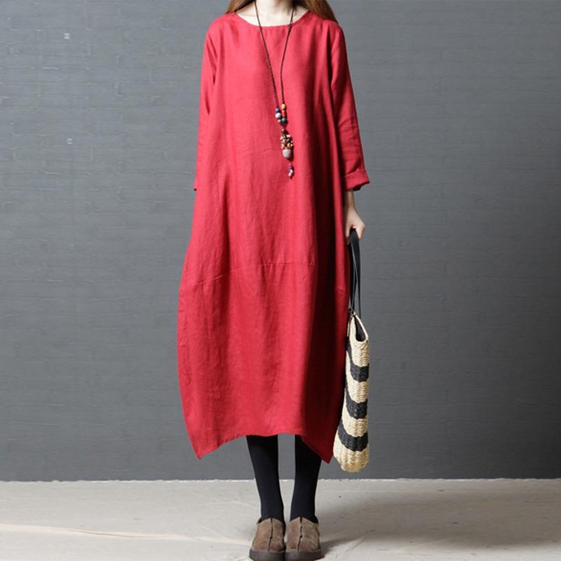 Spring Autumn Literary Vintage Solid Loose Casual Robe Women Long Sleeve Round Neck Cotton Dreess Vestidos