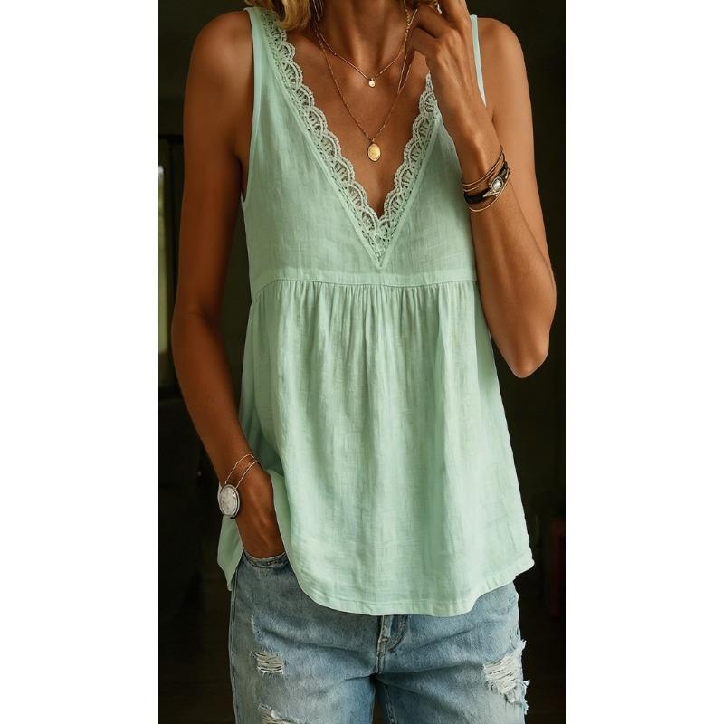 Solid Color V Neck Sleeveless Lace Trim Ruched Loose Women Tank Top