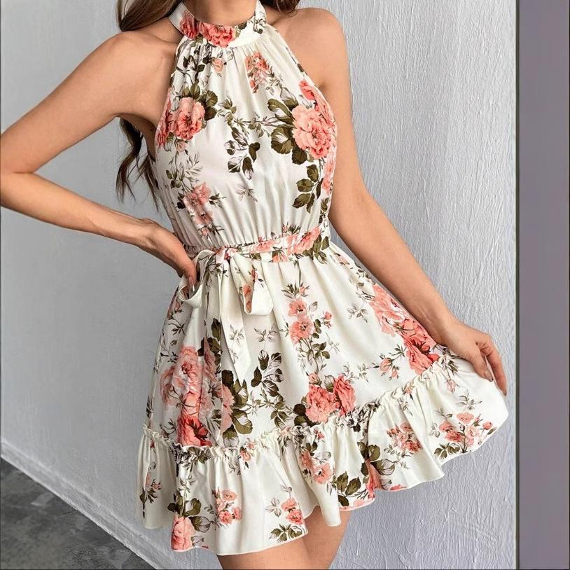 Vestido de Uma Peça Feminino de Verão Sem Mangas com Gola Alta Estampado Floral Linha A